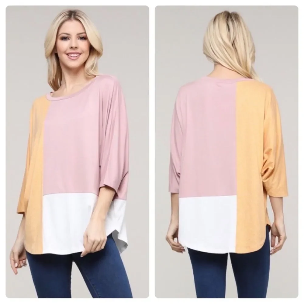 Color Block 3/4 Length Sleeve Scoop Neck Top | Pink / Peach / White - Picture 2 of 6